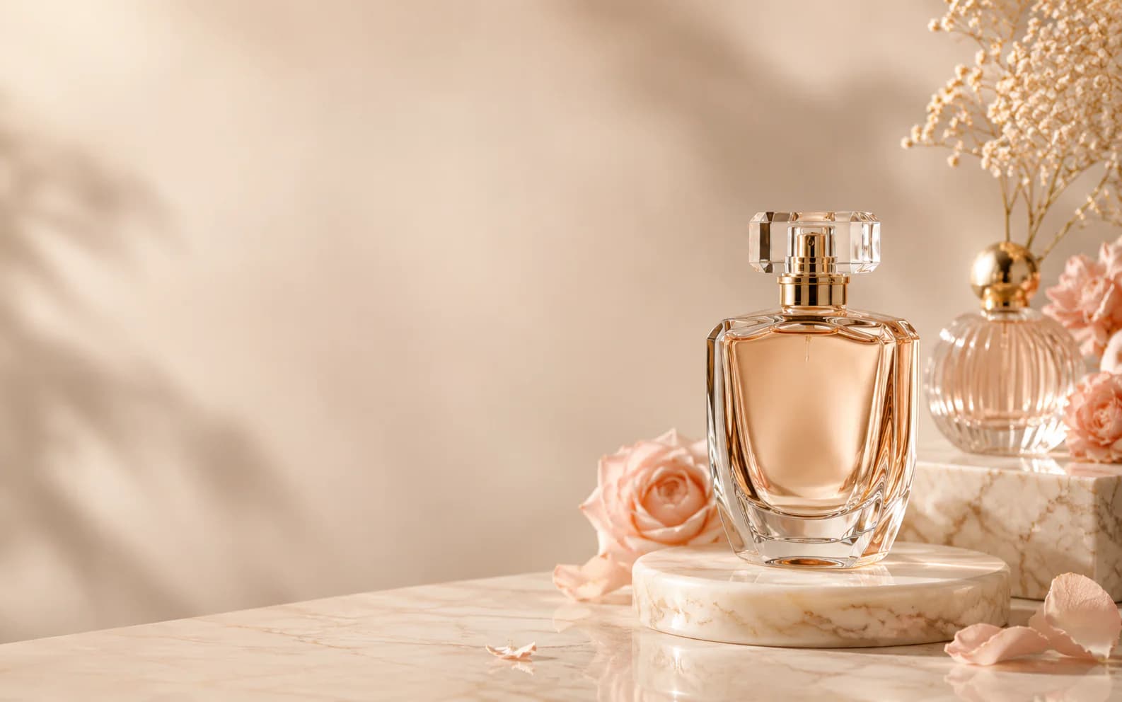 Perfumes originales de Frigia sobre una superficie cálida con flores